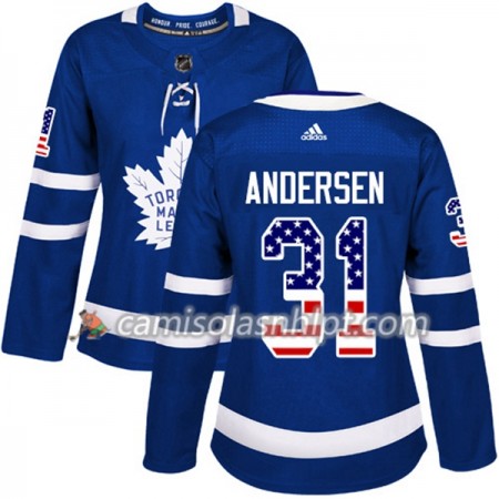 Camisola Toronto Maple Leafs Frederik Andersen 31 Adidas 2017-2018 Azul USA Flag Fashion Authentic - Mulher